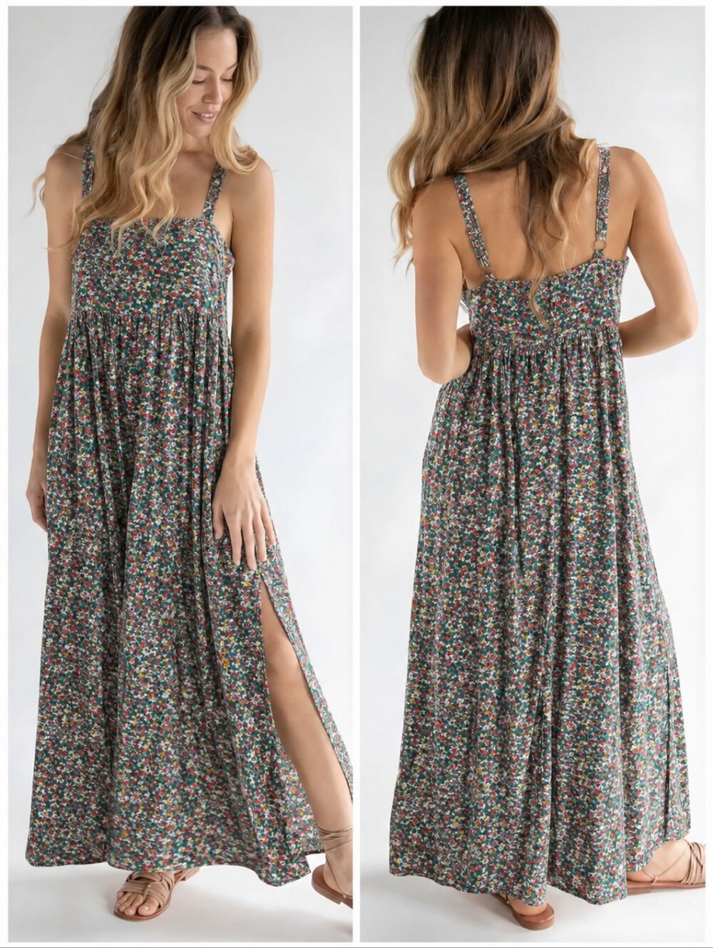 Natural Life Boho Floral Green Red Yellow Patti Dress, M